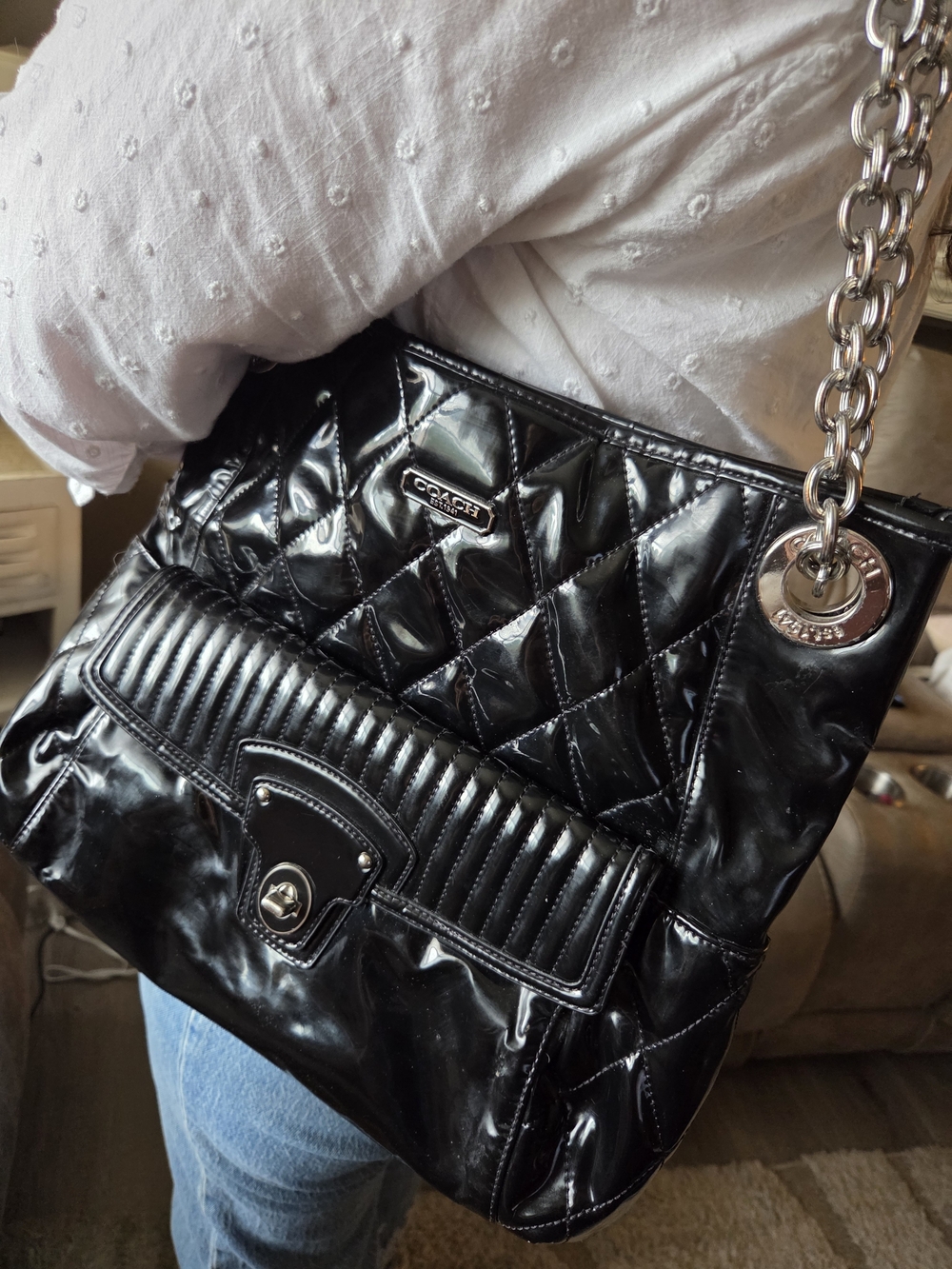 Coach Quilted Patent Leather Shoulder Bag - Black